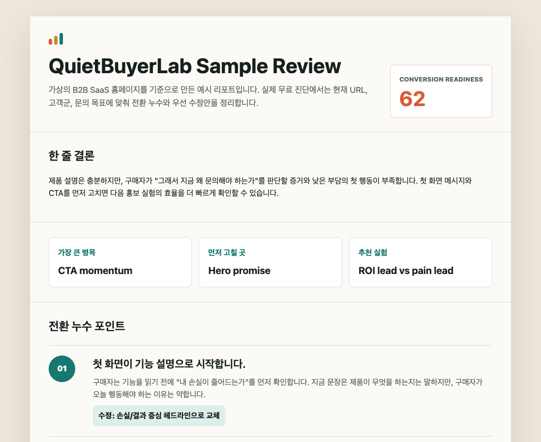 Quiet Buyer Lab 샘플 전환 리포트